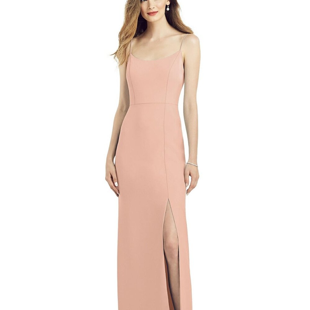 After Six 6822..Spaghetti Strap V-Back Crepe Gown with Front Slit...Peach...Sz 8
